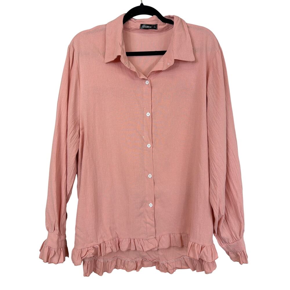 Izuria Pink Button Up Ruffled Linen Blend Long Sleeve Top XL